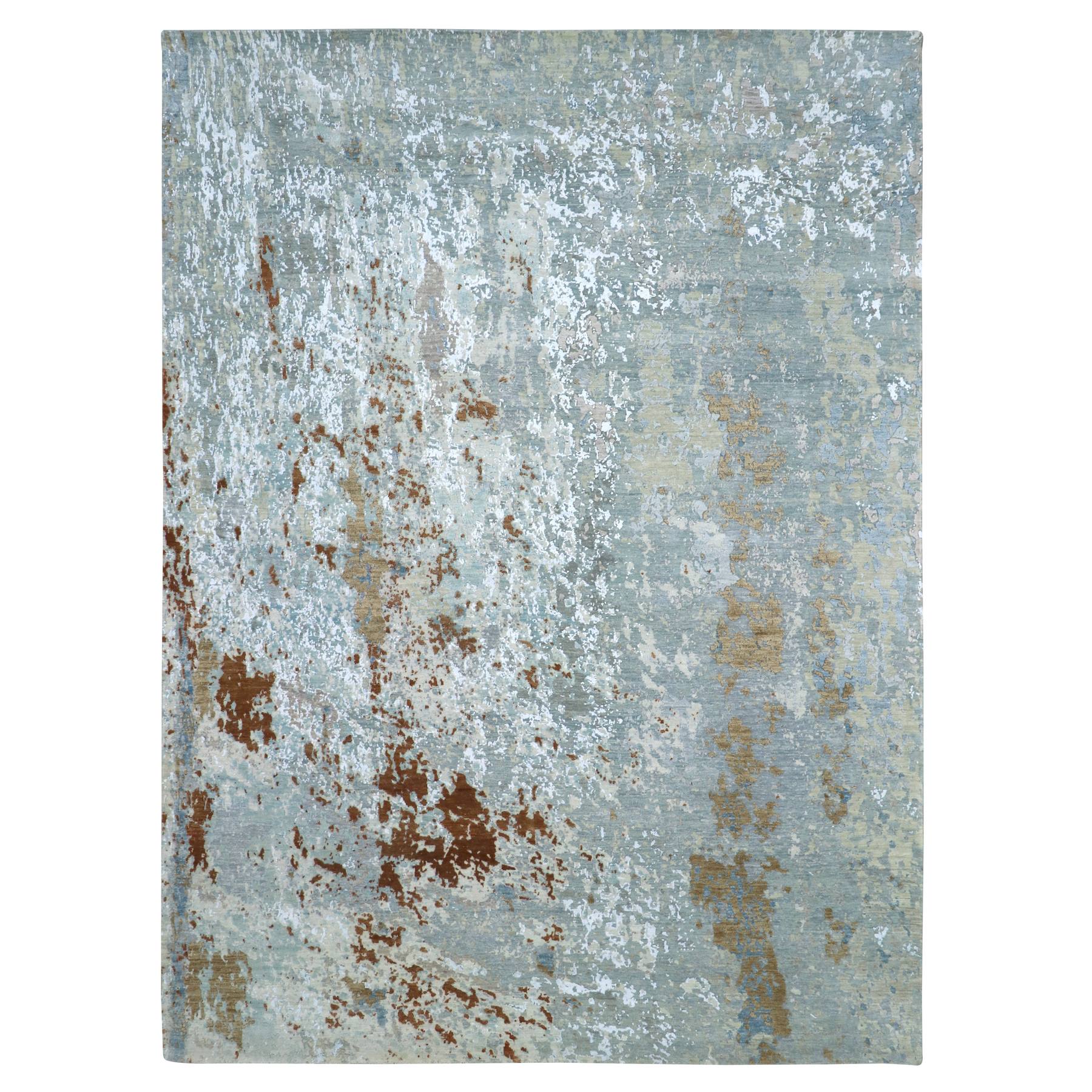 Misty Gray with Rust, Abstract with Galaxy Design, 100% Wool, Persian Knot, Hand Knotted, Densely Woven, Oriental Rug